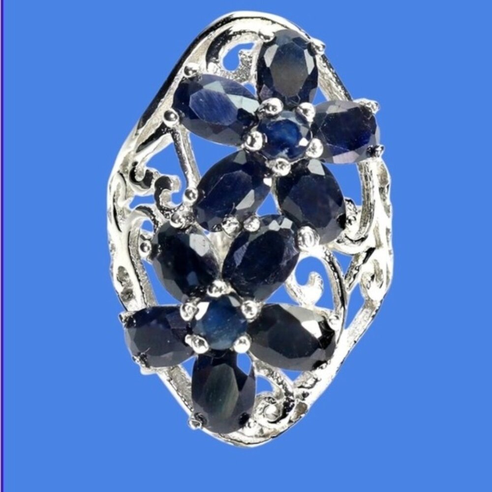 925 Sterling Silver Flower Ring Sz 6.5 with Natural Blue Sapphire 6x4mm Gems